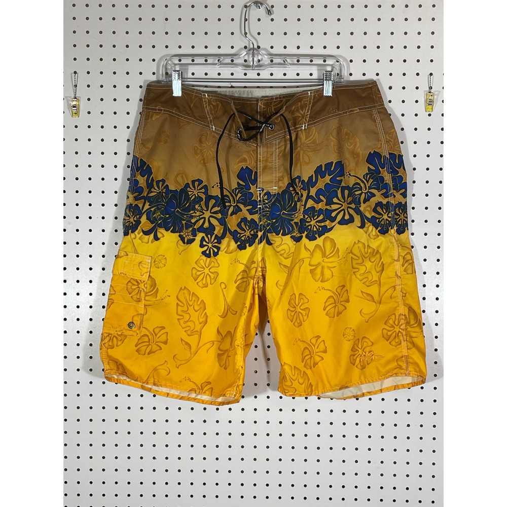 No Fear Mens Board Shorts Size 36 Yellow Brown Blue Tropical Floral Cargo Y2K